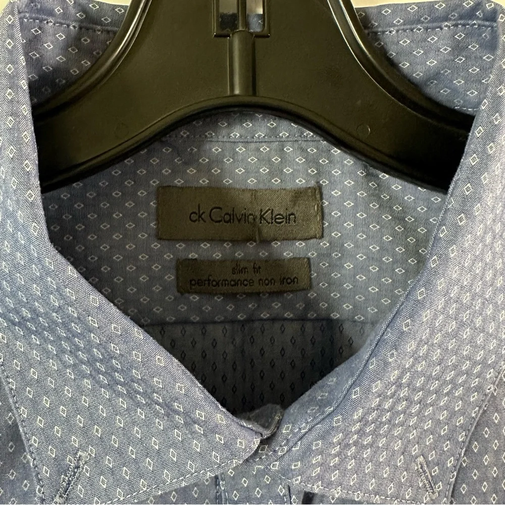 Calvin Klein Blue Micro Diamond Slim Fit Dress Shirt | Men’s 17 - Picture 2 of 3